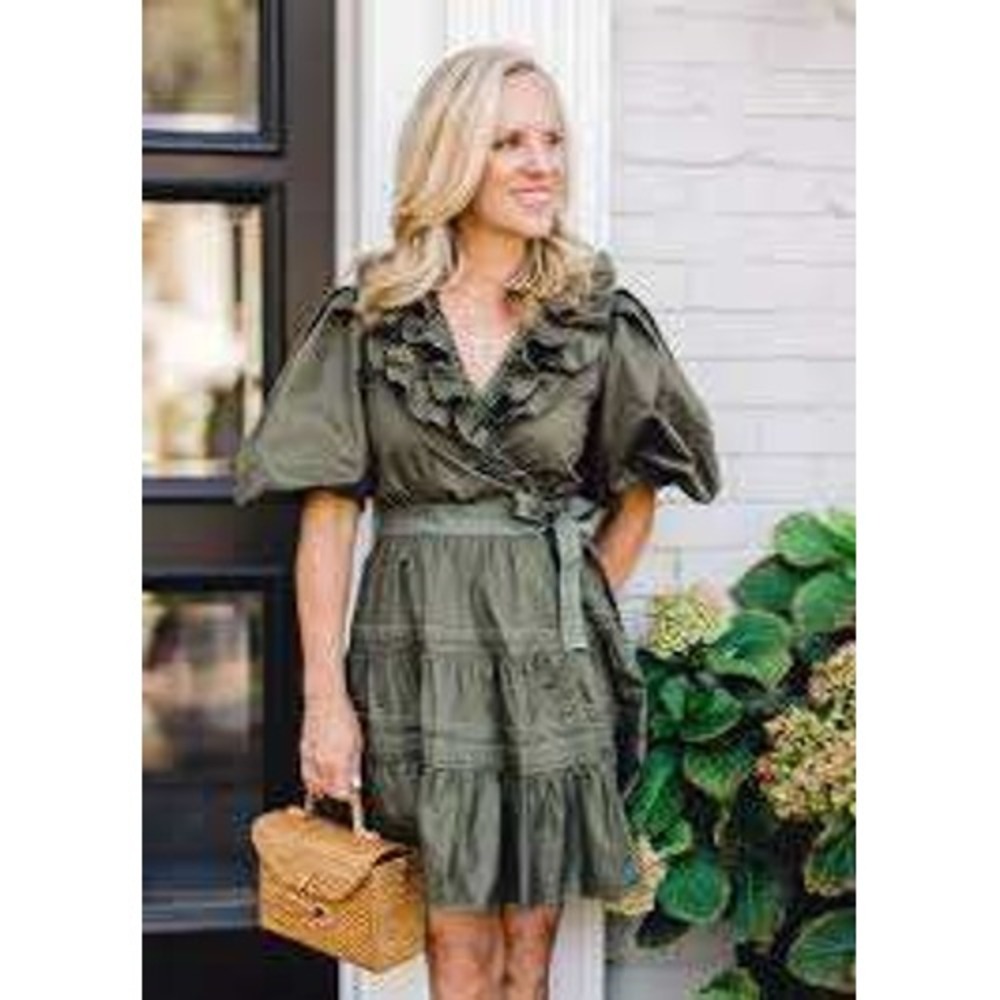 En Saison Dress Womens Medium Green Ruffle Mini Puff Sleeve Cotton Tie Waist